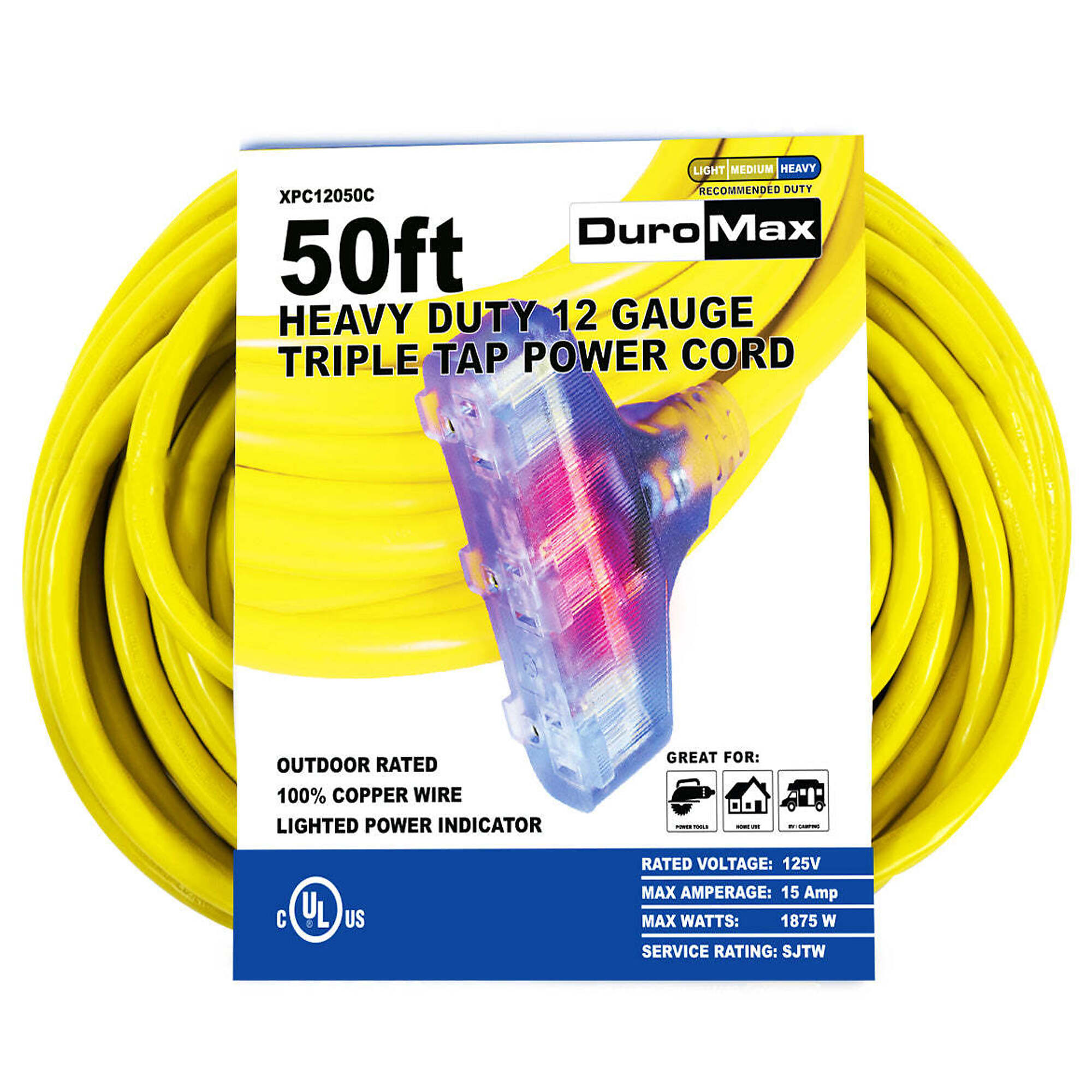 DuroMax, 50ft. 12 Gauge Single Tap Extension Cord, Amps 15 Cord Length 50 ft, Max. Volts 120 Model# XPC12050C